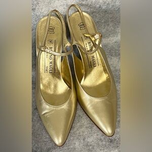 VTG*New-BRUNO MAGLI Square Toe Slingback Pumps~Size:7.5B~gold tone leather